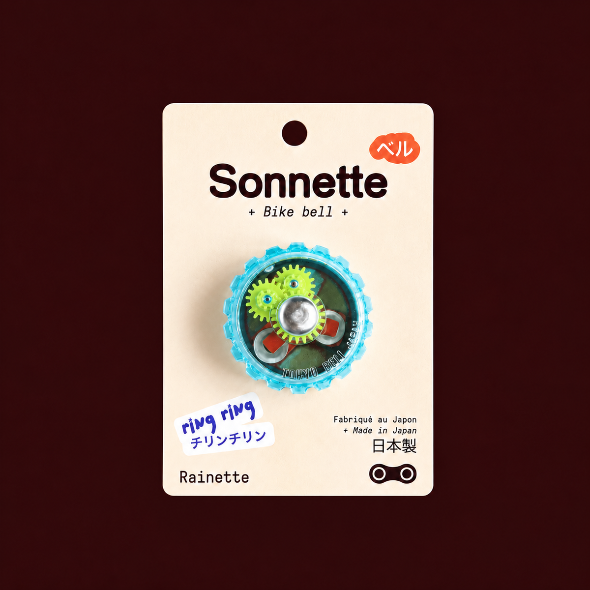 Sonnette de vélo bleue Tokyo Bell sur son packaging Rainette