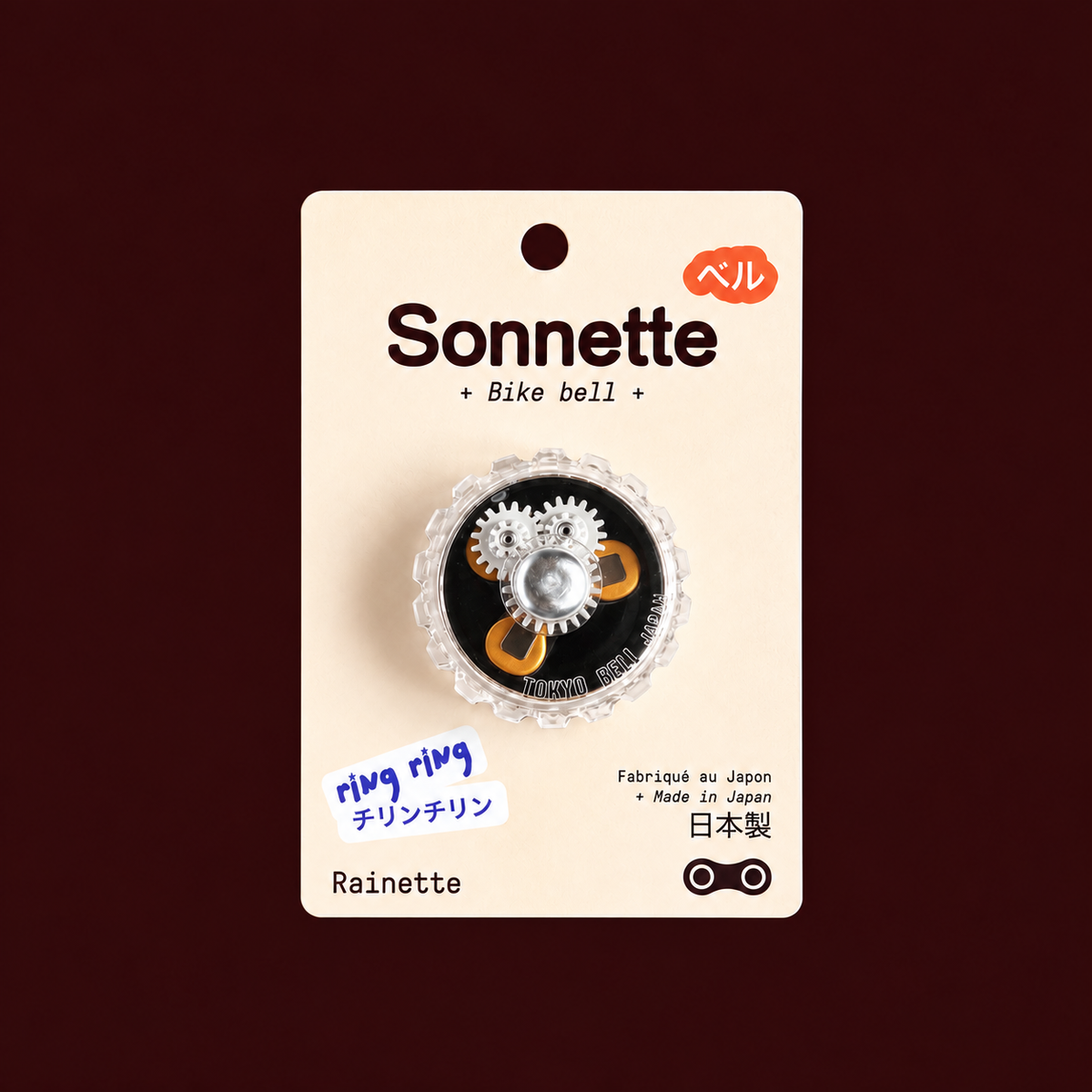 Sonnette de vélo noire Tokyo Bell sur son packaging Rainette