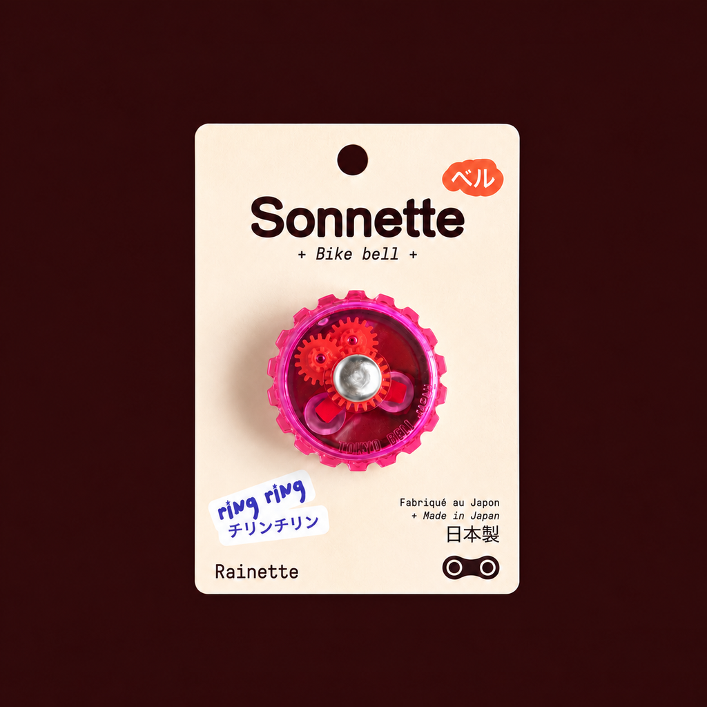 Sonnette de vélo rose Tokyo Bell sur son packaging Rainette