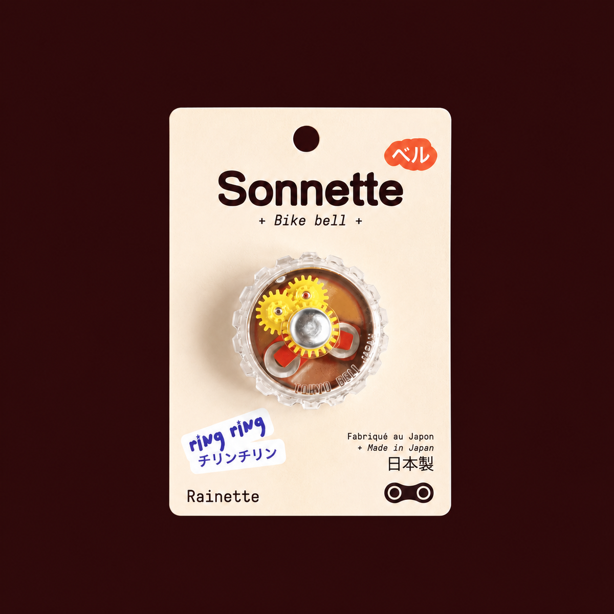 Sonnette de vélo transparente Tokyo Bell sur son packaging Rainette